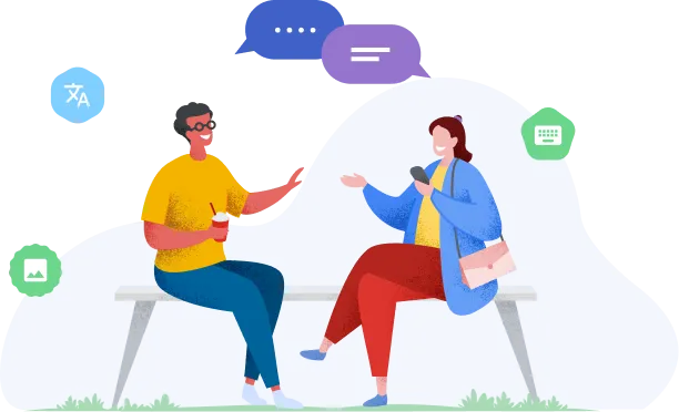 图示中的两个人在公园椅子上对话，四周环绕各种形状的图标